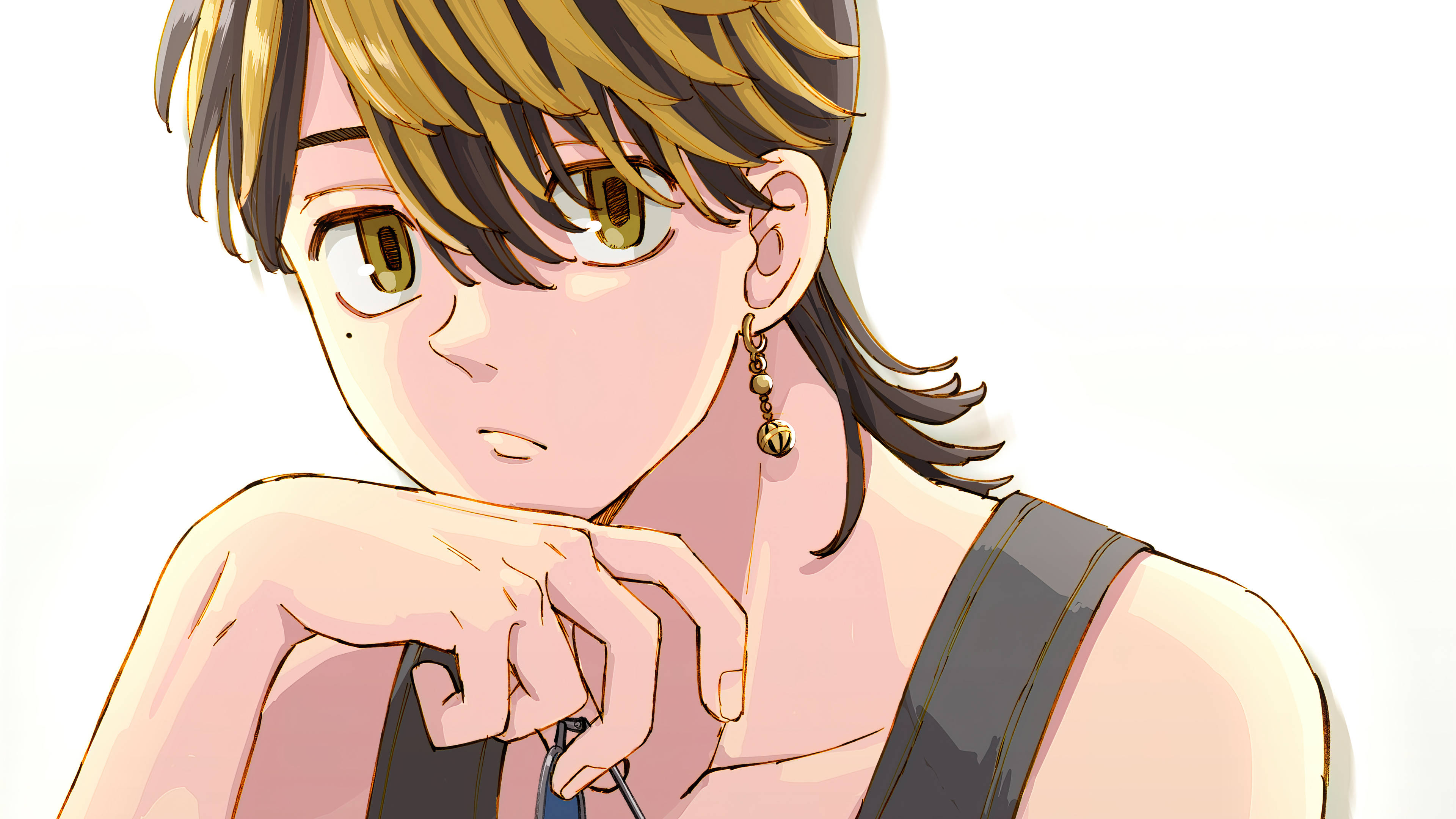 kazutora hanemiya 桌布 壁紙 — 擁有金色眼睛和分層頭髮的動漫女孩，在純白色背景前將下巴擱在手上。