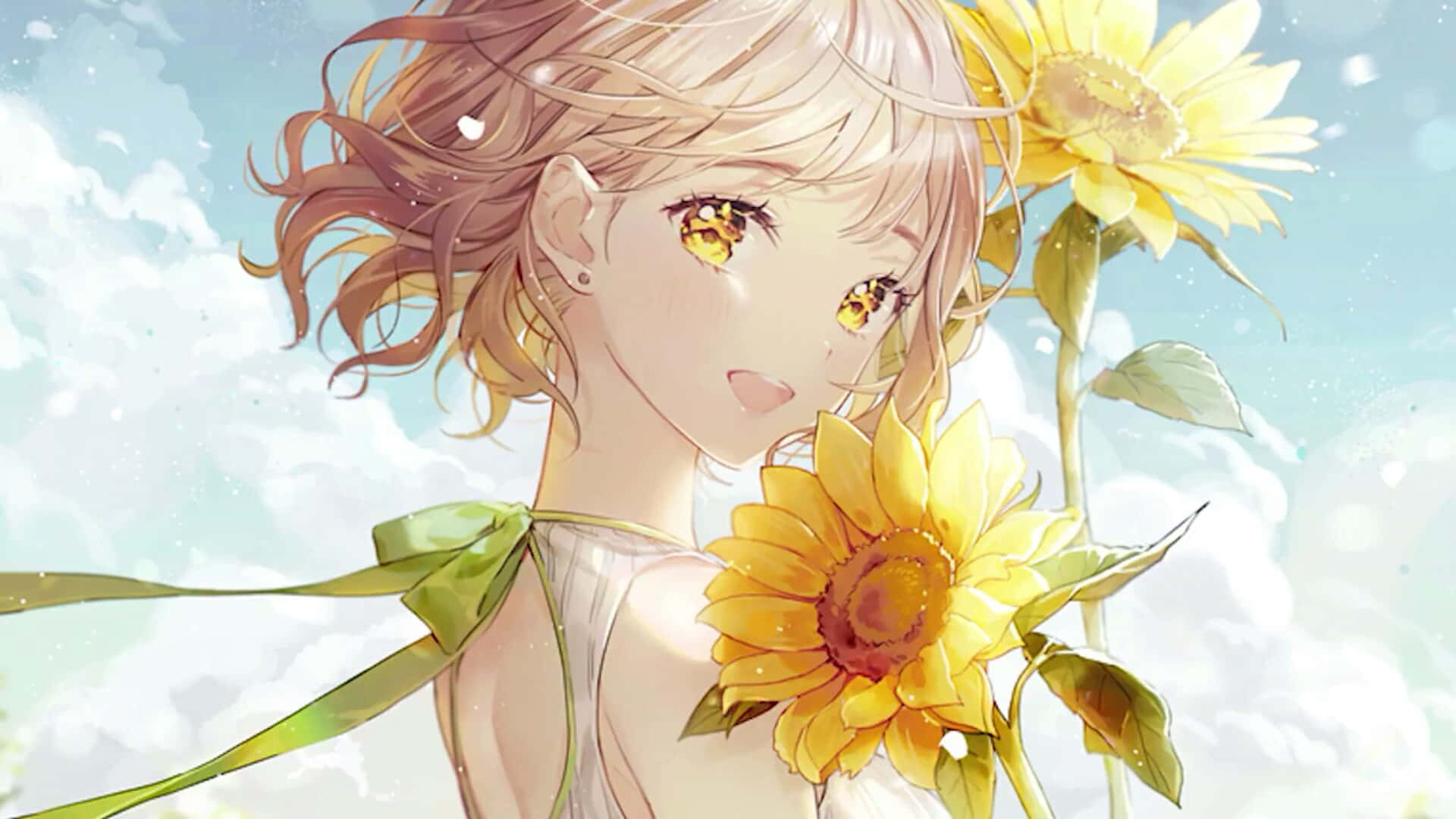 Sunflowers 桌布 壁紙 — 擁有金色眼睛和向日葵髮飾的動漫女孩，在飄浮花瓣的柔和藍天下溫柔微笑。