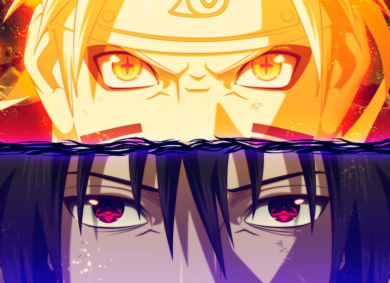 Naruto Sage Mode 桌布 壁紙 — 擁有金色眼睛和頭帶的動漫角色在水面上方凝視，倒映出下方另一個角色的紅色眼睛。