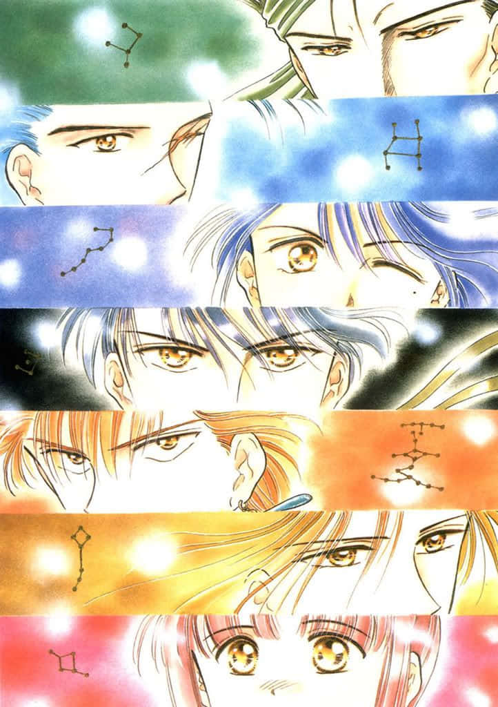 Fushigi Yuugi 桌布 壁紙 — 擁有金色眼睛的動漫角色仰望色彩繽紛的天空，天空中有發光的星座。