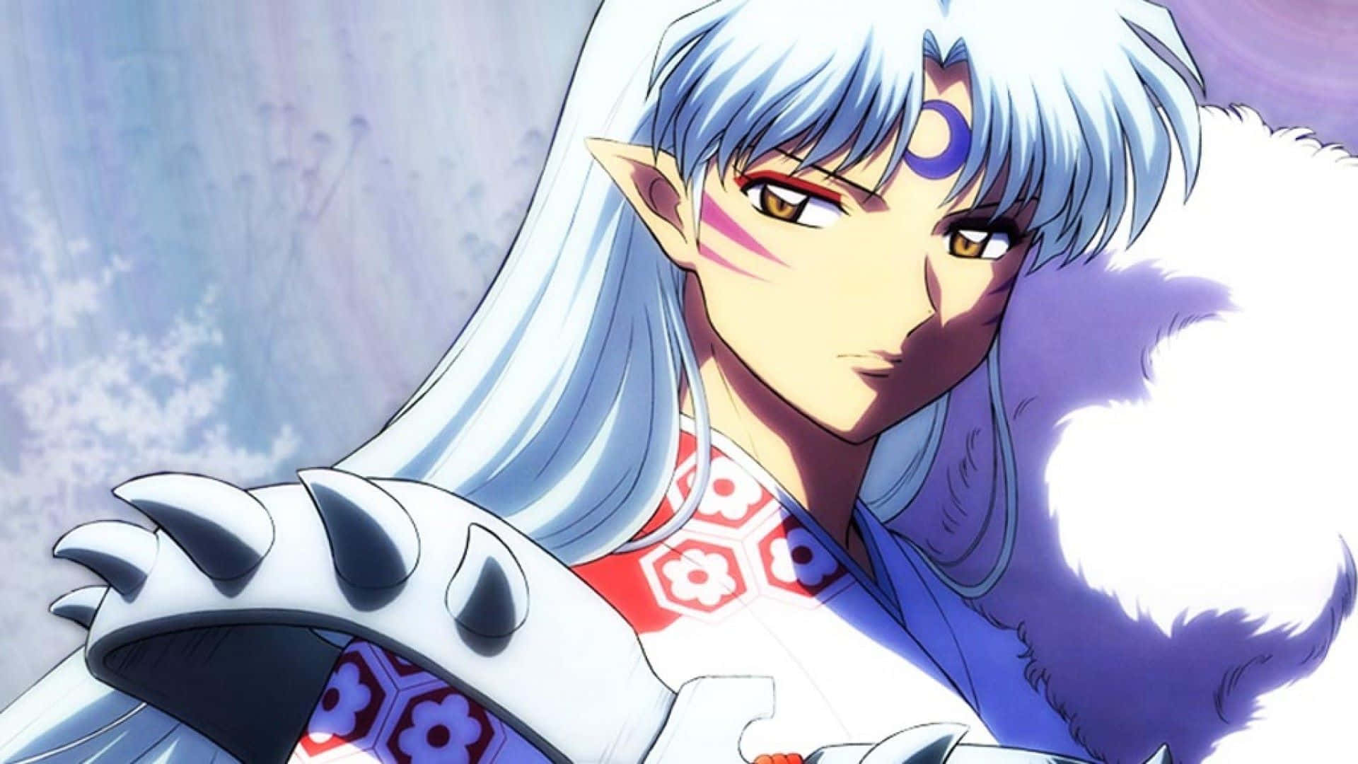 Inuyasha And Sesshomaru 桌布 壁紙 — 擁有銀色頭髮和尖耳朵的動漫角色，穿著帶毛邊裝飾的服裝和帶爪護手，背景是柔和的藍色。