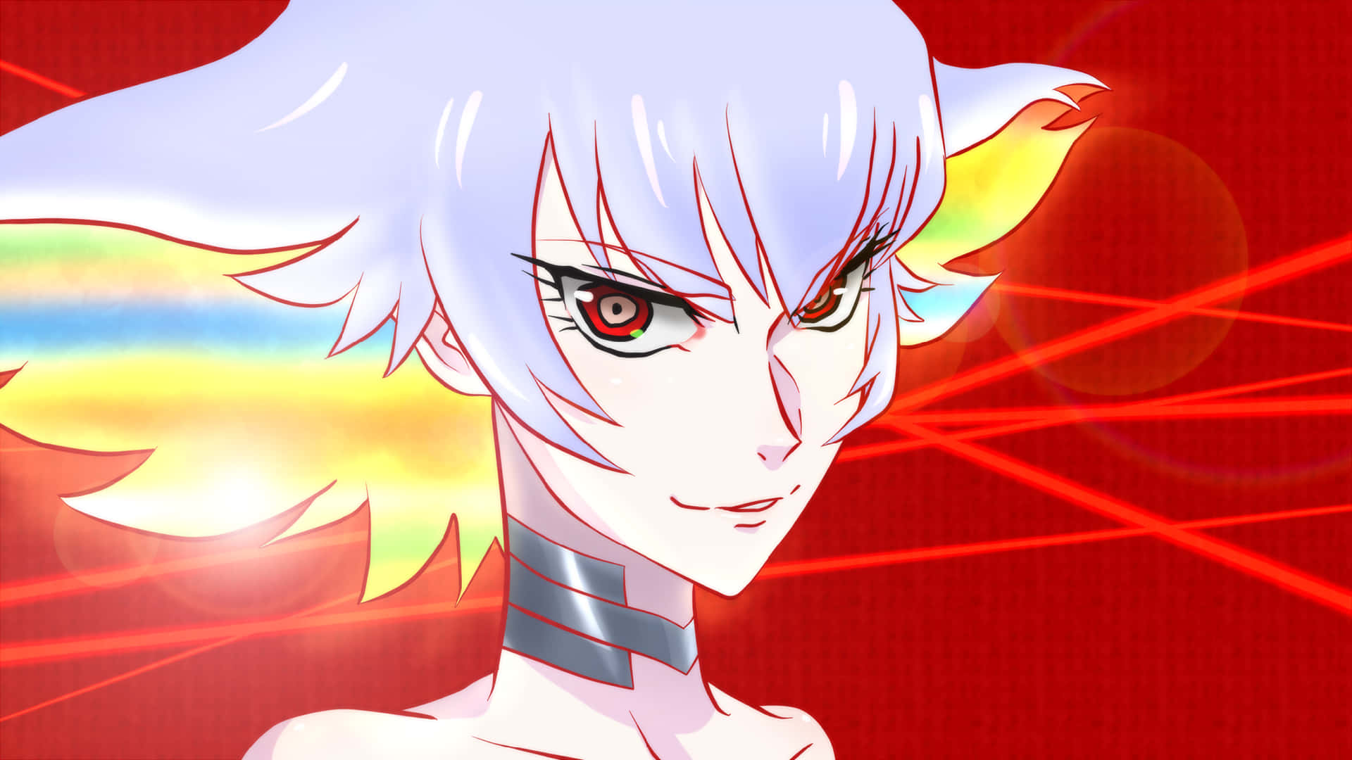Kill La Kill 桌布 壁紙 — 擁有銀色頭髮和紅色眼睛的動漫角色，在充滿彩虹條紋和雷射光束的鮮紅色背景下強烈凝視。