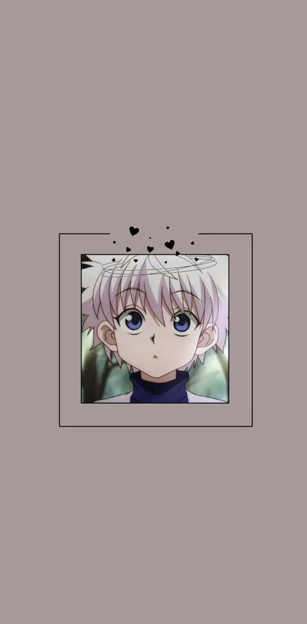 Killua Cute 桌布 壁紙 — 擁有銀色頭髮和藍色眼睛的動漫角色，以薄邊框框住，上方有漂浮的心形。