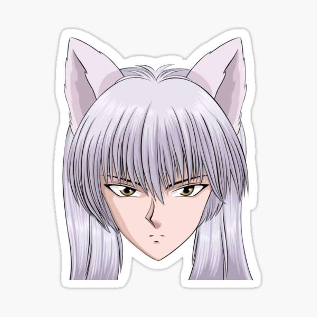 Kurama 桌布 壁紙 — 擁有銀色頭髮和貓耳的動漫角色，用金色眼睛在純色背景上專注地凝視。