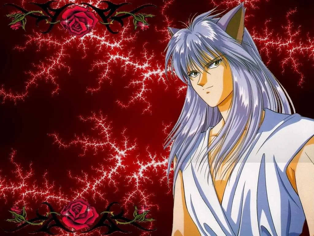 Kurama 桌布 壁紙 — 擁有銀色頭髮和貓耳的角色站在帶有發光裂縫和玫瑰的紅色背景前。