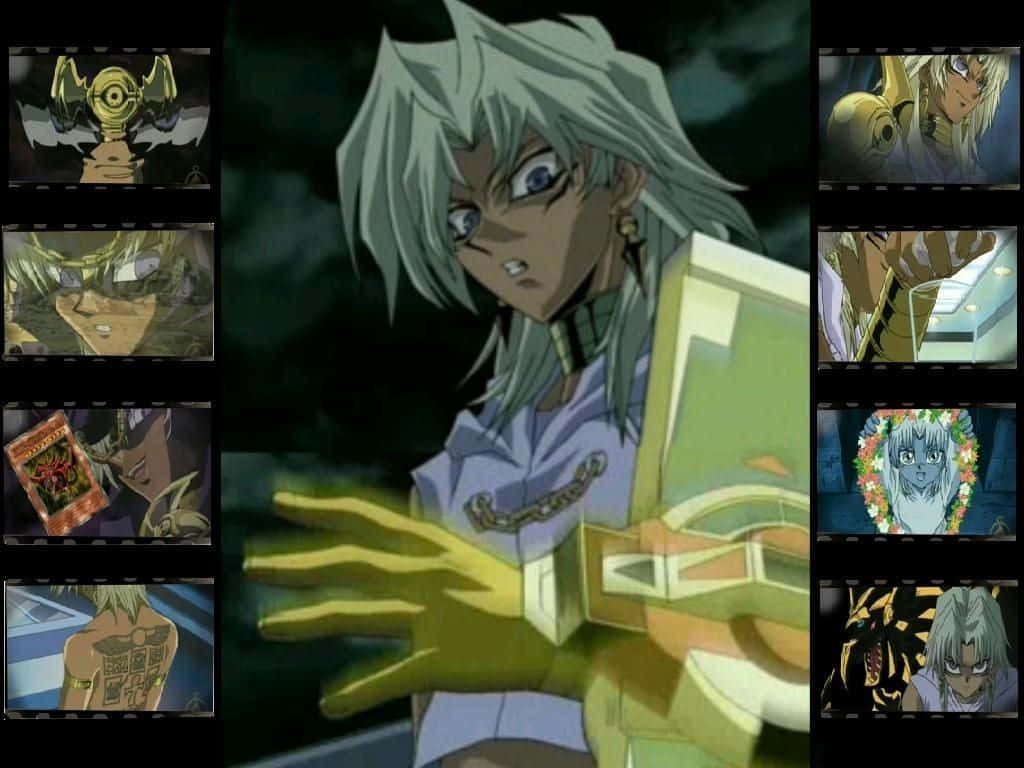 Marik Ishtar 桌布 壁紙 — 擁有銀色頭髮和金色手套的動漫角色在黑暗背景中手持一張發光的卡片。