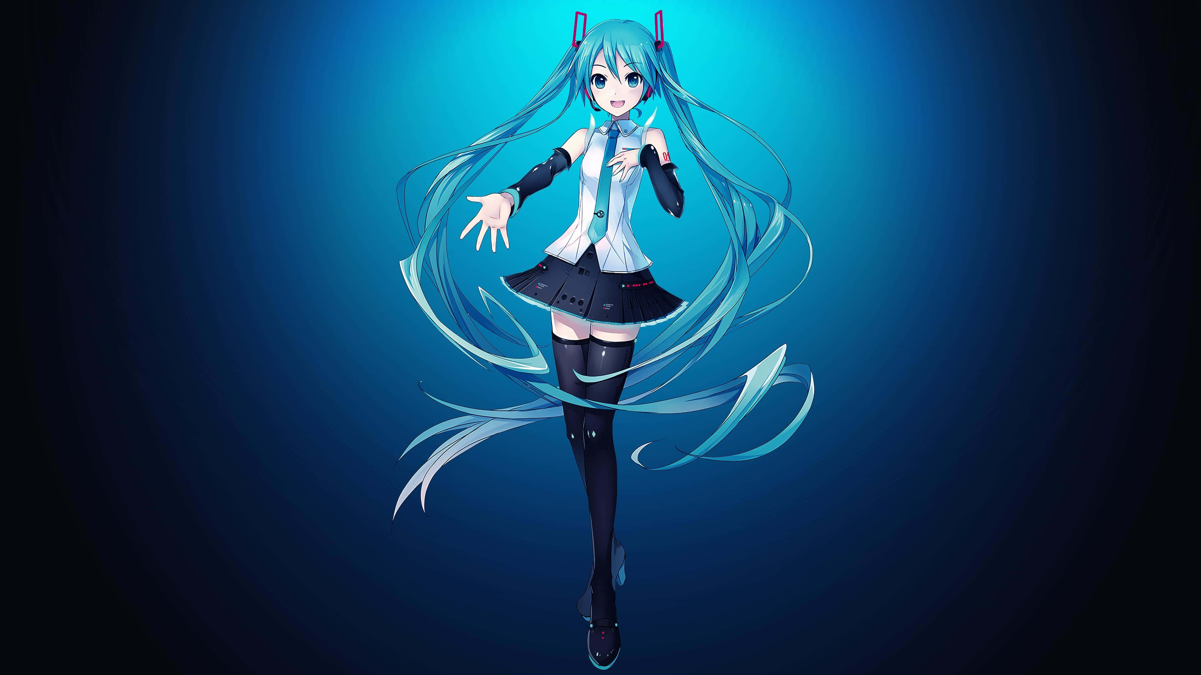 初音未來 桌布 壁紙 — 擁有長長青綠色頭髮、穿著校服的動漫角色在發光的藍色漸變背景上跳舞。