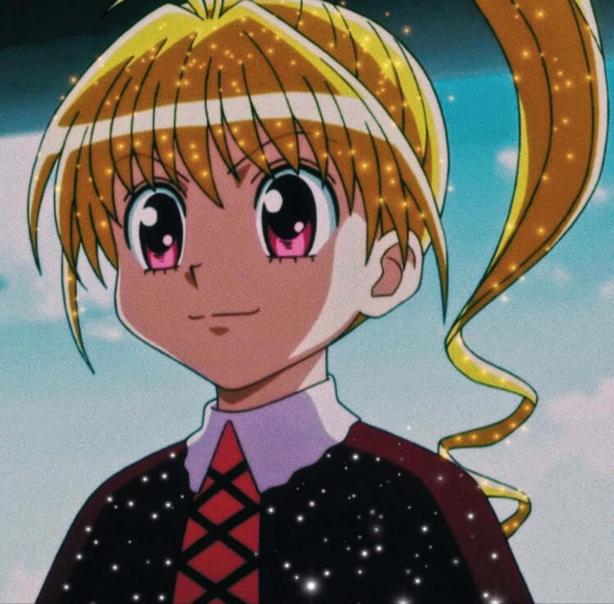 Hunter X Hunter Bisky 桌布 壁紙 — 擁有閃亮金髮和粉紅色眼睛的動漫女孩，在星空背景下溫柔微笑。