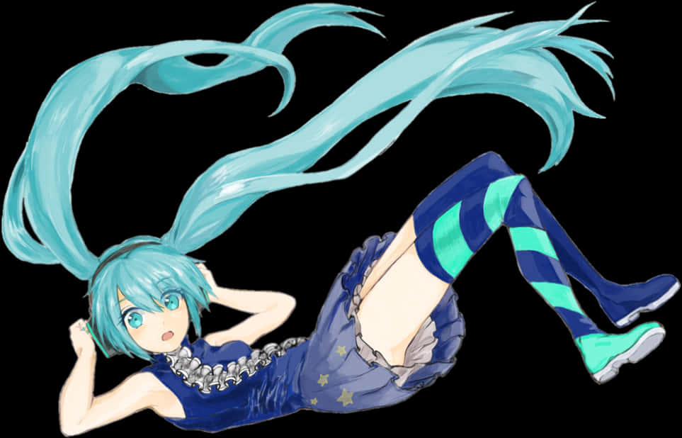 Clip Art 桌布 壁紙 — 擁有青綠色雙馬尾和星星圖案服裝的動漫女孩，在黑色背景上動態地躺著。