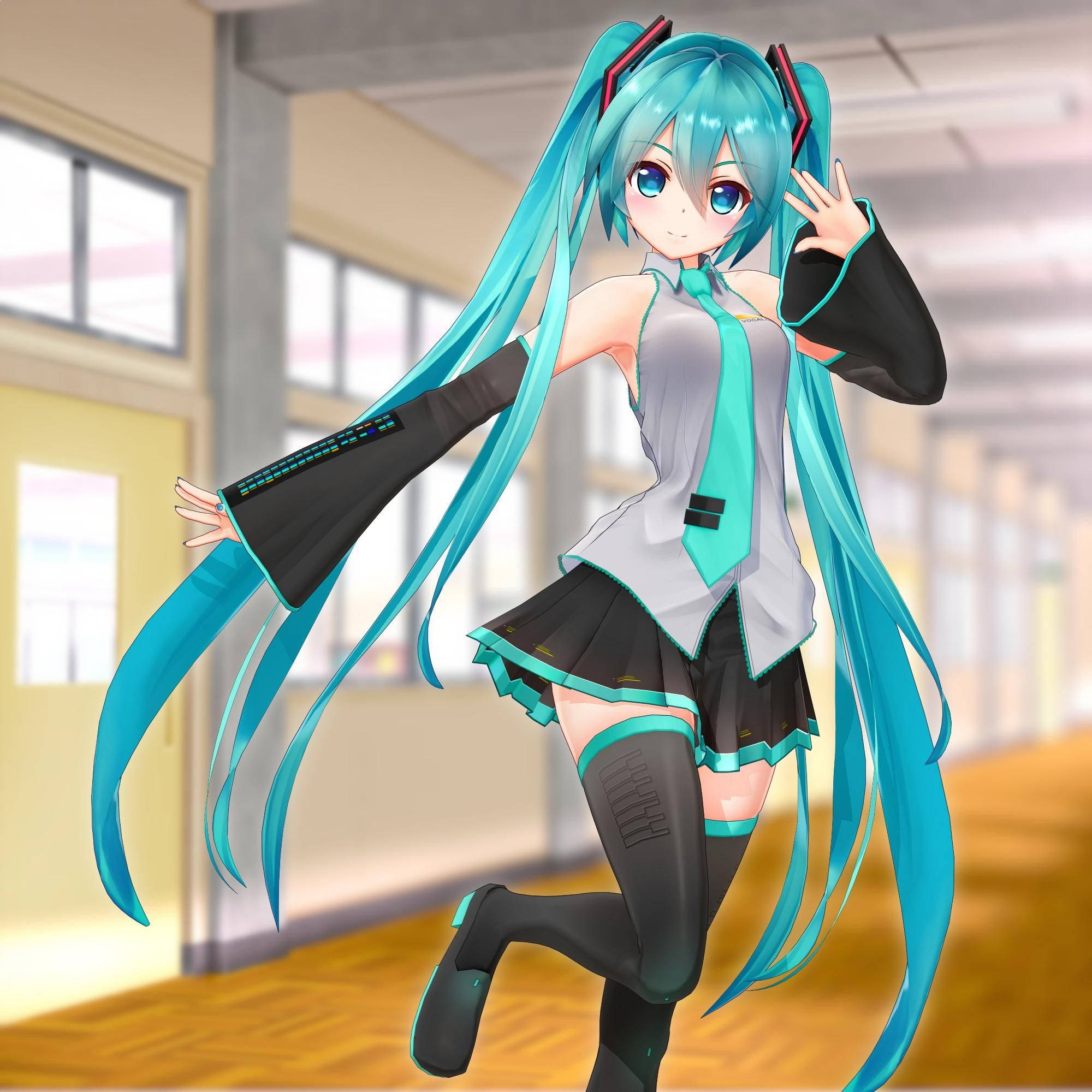 miku 桌布 壁紙 — 擁有青綠色雙馬尾和藍色眼睛的動漫角色在學校走廊愉快地揮手。