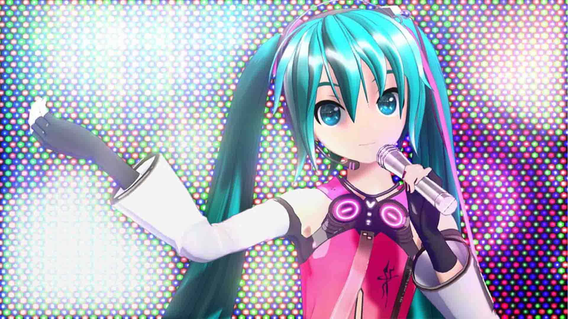 初音未來 桌布 壁紙 — 擁有青綠色雙馬尾的動漫歌手對著麥克風唱歌，背景是發光的像素化舞台。