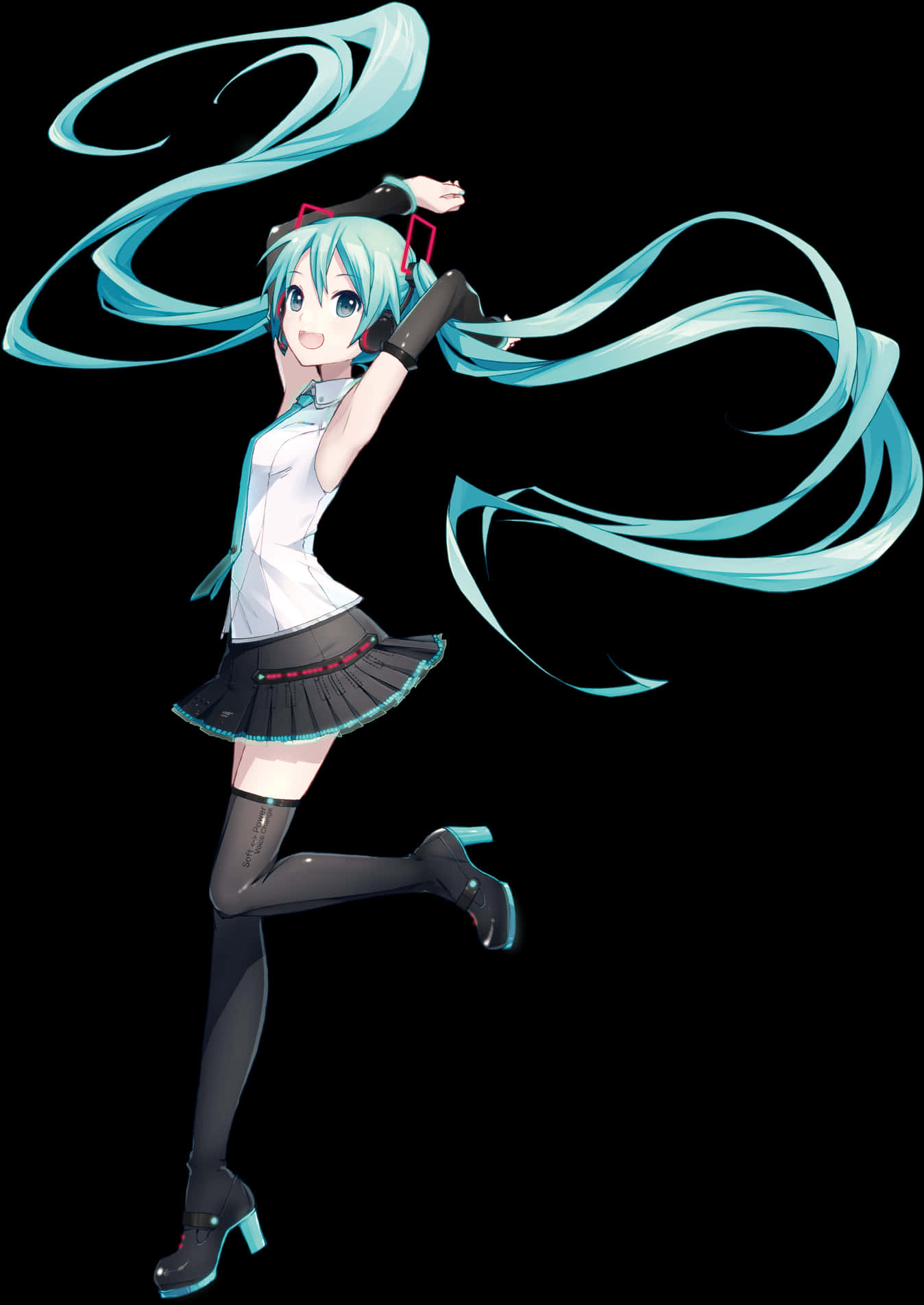 Vocaloid 桌布 壁紙 — 擁有青綠色雙馬尾的動漫角色在黑色背景下動感起舞。
