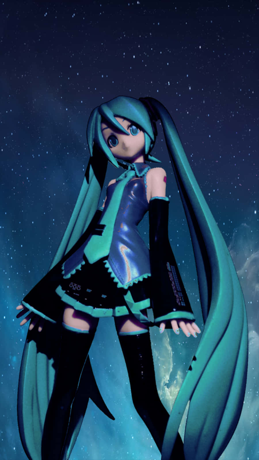Vocaloid 桌布 壁紙 — 擁有青綠色雙馬尾的動漫角色站在星光燦爛的宇宙背景前，背景有發光的星雲。