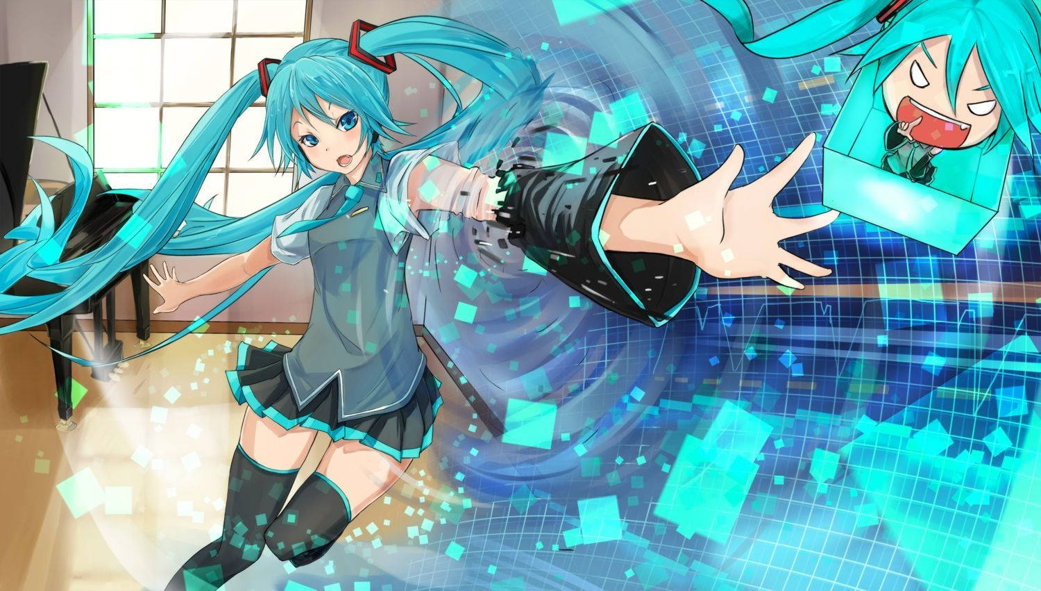 miku 桌布 壁紙 — 擁有青綠色雙馬尾辮的動漫女孩在房間裡充滿活力地跳舞，數位粒子在她周圍旋轉。