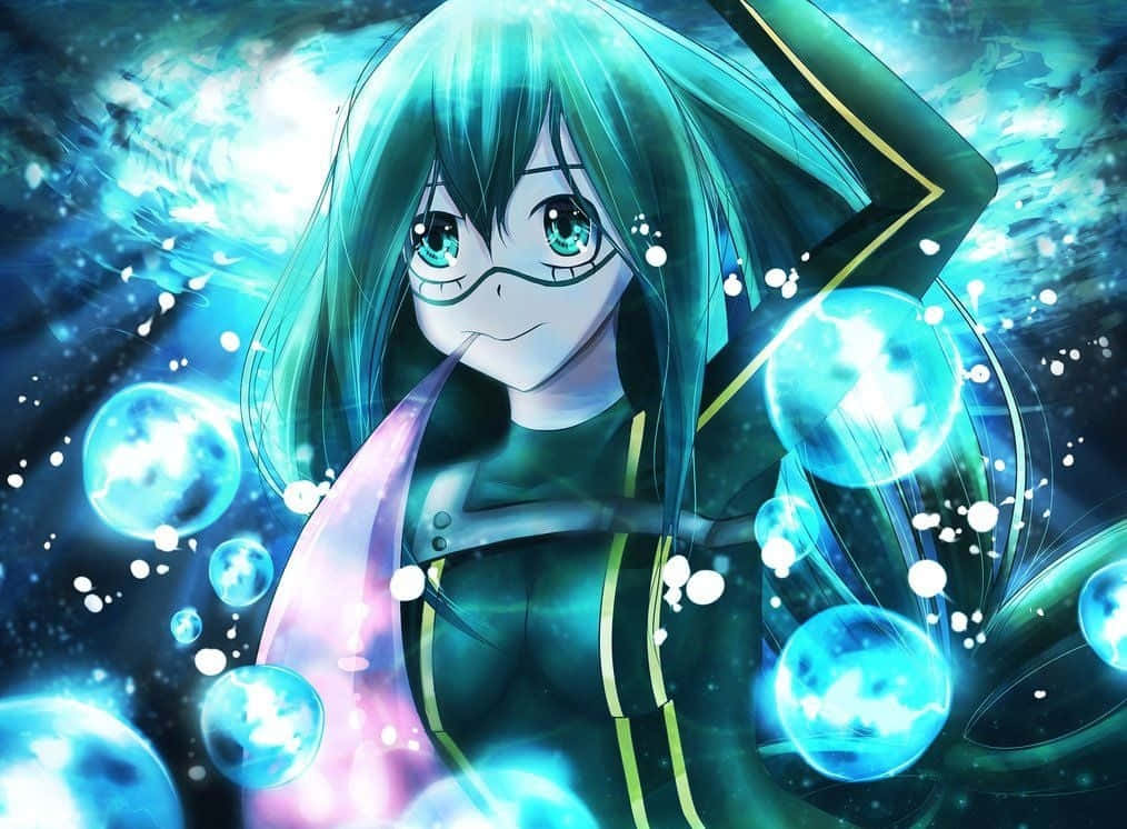 Froppy 桌布 壁紙 — 擁有青綠色頭髮和發光藍色球體的動漫女孩漂浮在宇宙空間中，輻射能量粒子在她周圍旋轉。