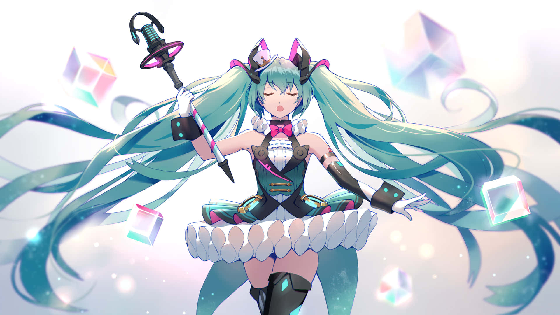Mirai 桌布 壁紙 — 擁有青綠色頭髮和貓耳的女動漫角色，在漂浮的發光水晶中手持劍，場景明亮而空靈。