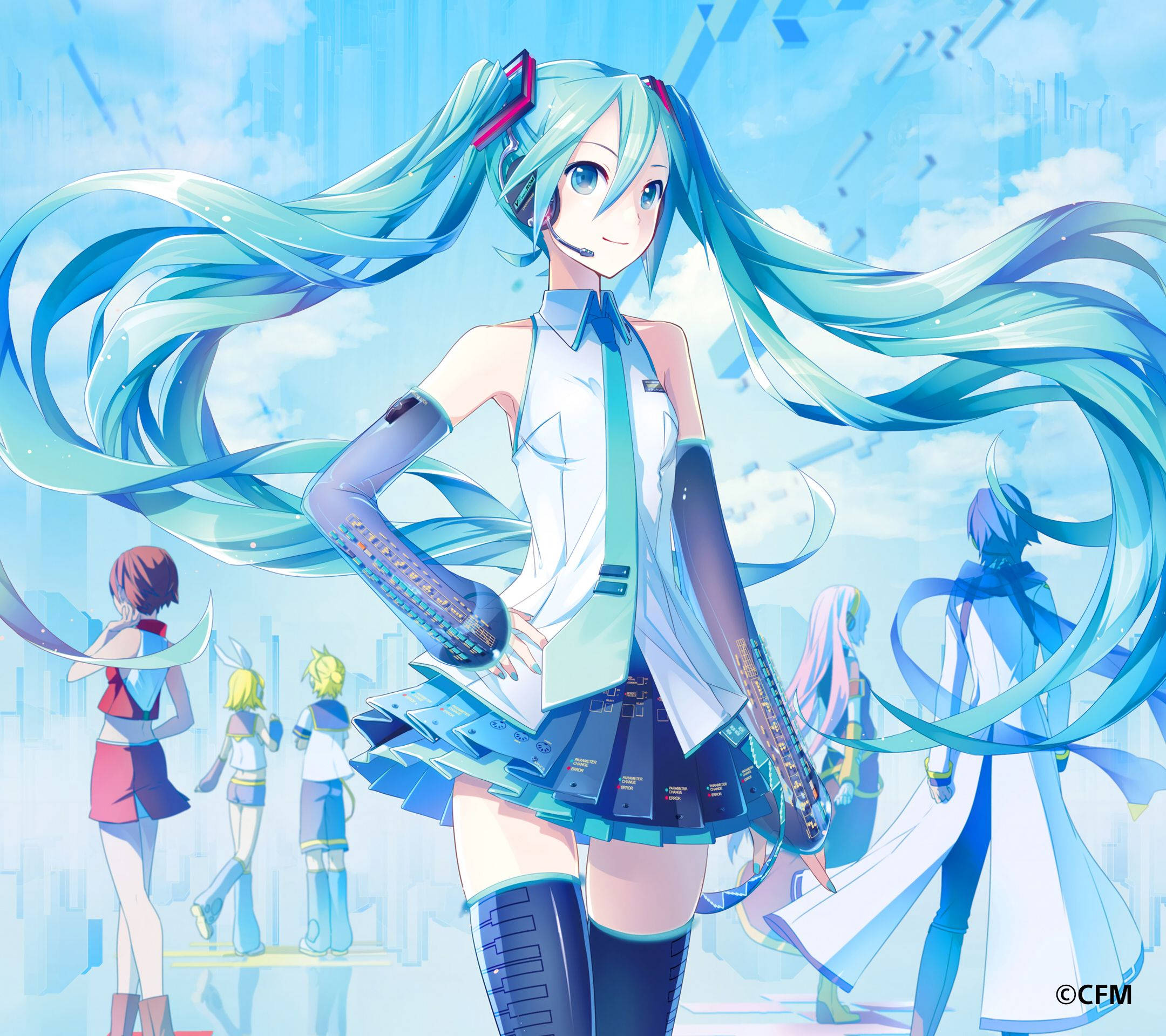 miku 桌布 壁紙 — 擁有飄逸藍綠色頭髮和未來風格服裝的動漫角色，自信地站在明亮的藍天下，背景有漂浮的城市景觀元素。