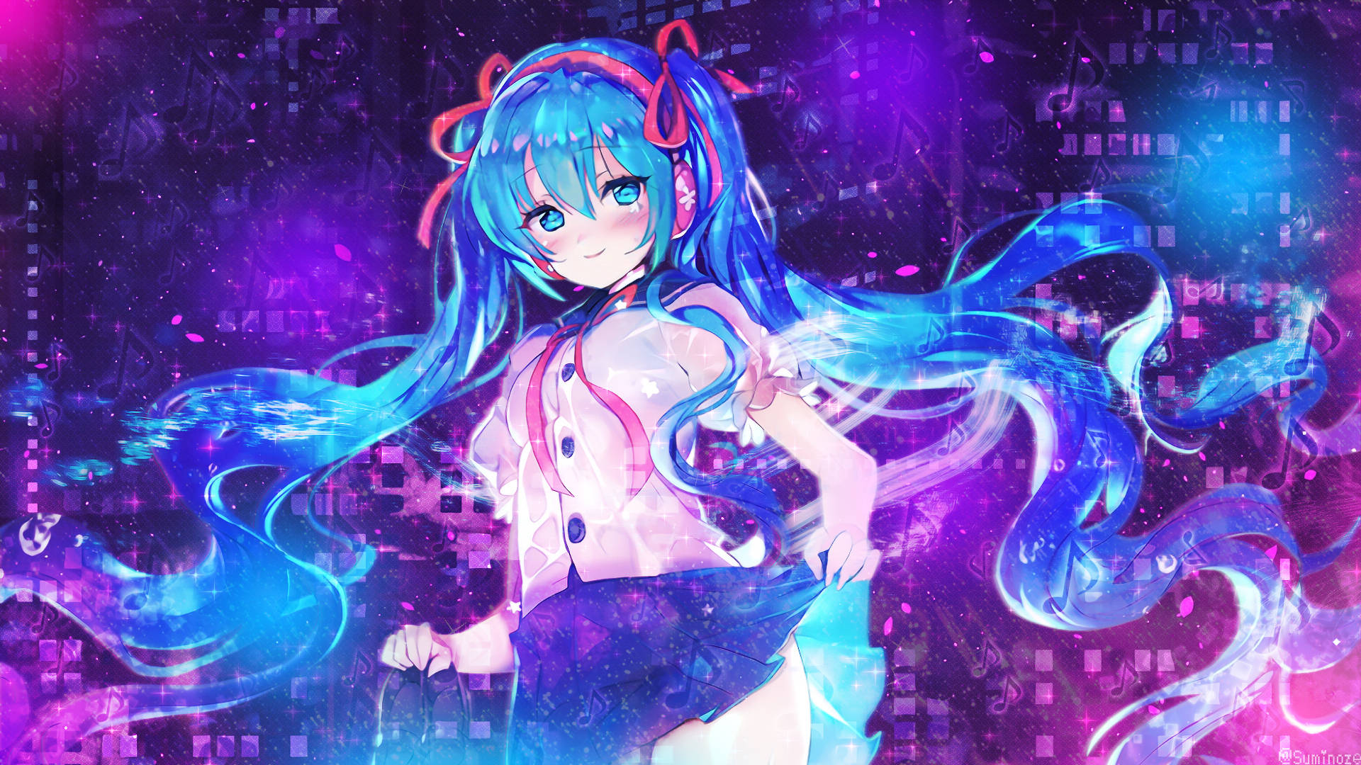 Vocaloid 桌布 壁紙 — 擁有飄逸藍色頭髮和粉紅色點綴的動漫女孩，在充滿活力的紫色和藍色宇宙背景中，在發光的數位粒子間跳舞。