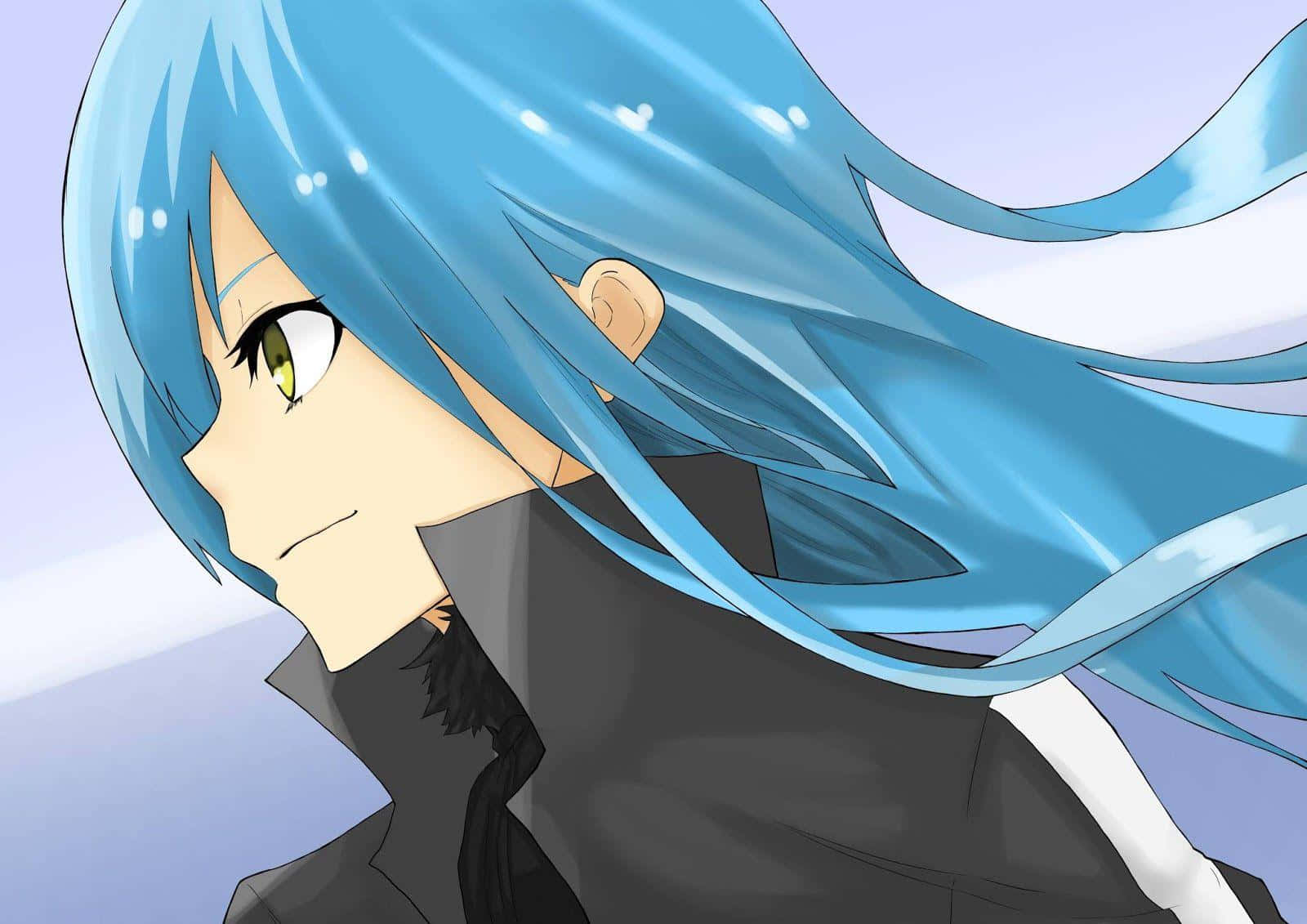 That Time I Got Reincarnated As A Slime 桌布 壁紙 — 擁有飄逸藍色頭髮和綠色眼睛的動漫角色在柔和漸變背景中側視。