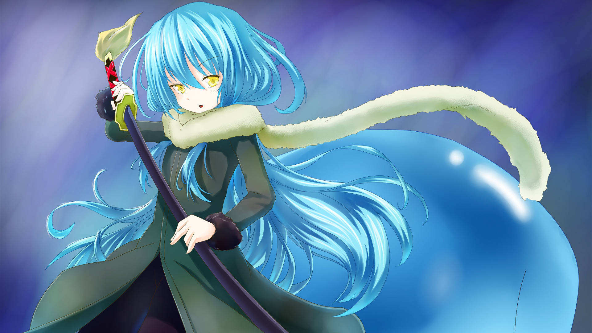 Rimuru 桌布 壁紙 — 擁有飄逸藍色頭髮和黃色眼睛的動漫女孩，在紫色藍色漸層背景中揮舞著劍。