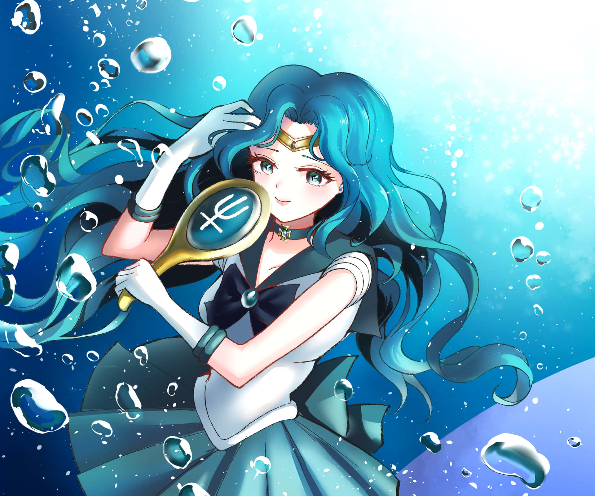 美少女戰士 桌布 壁紙 — 擁有飄逸藍色頭髮的動漫女孩，在水下拿著三叉戟鏡子，被氣泡包圍，處於燦爛的藍色漸變中。