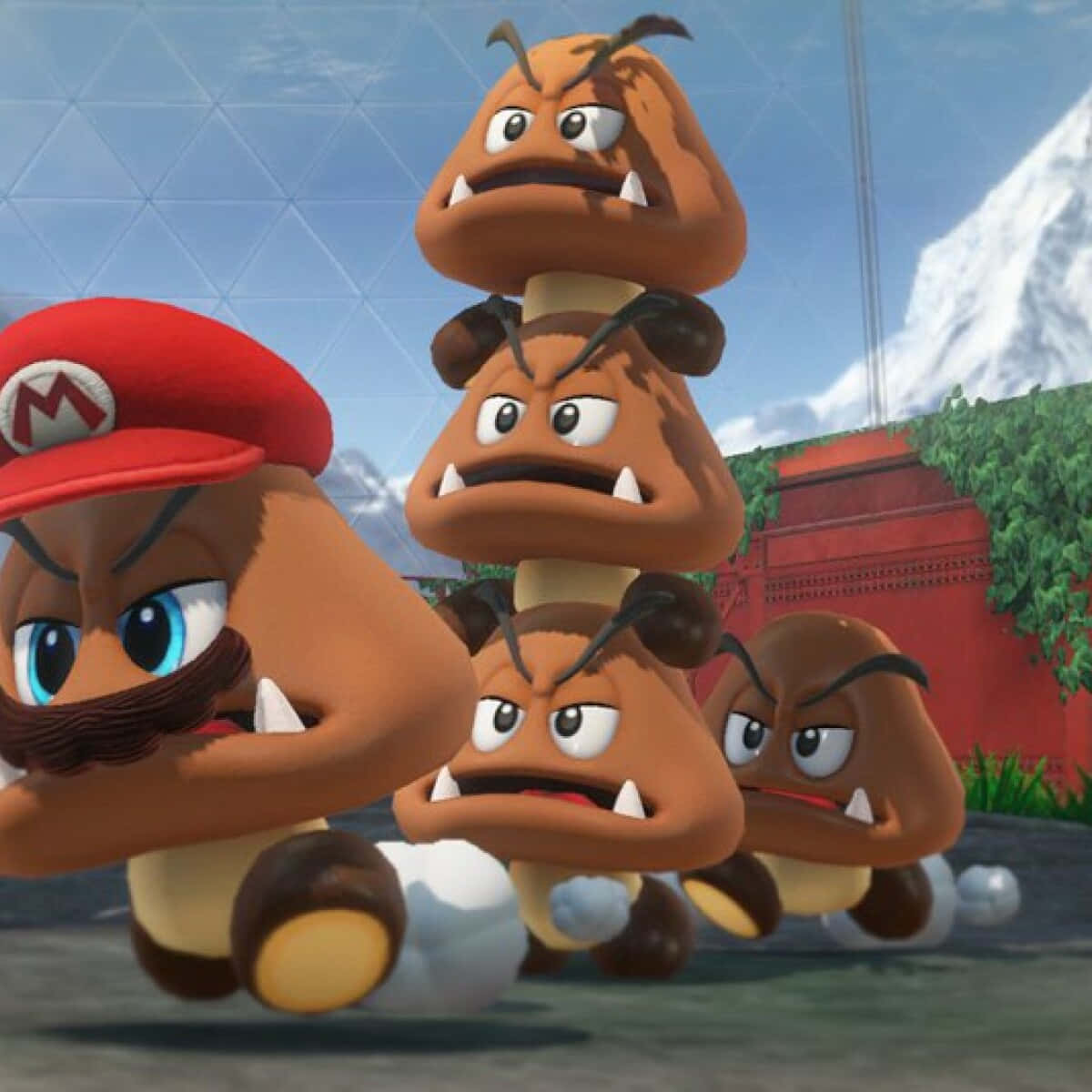 Goomba 桌布 壁紙 — 擁有鬍鬚和紅色帽子的瑪利歐在明亮的戶外場景中，與一堆憤怒的栗寶寶一起奔跑。