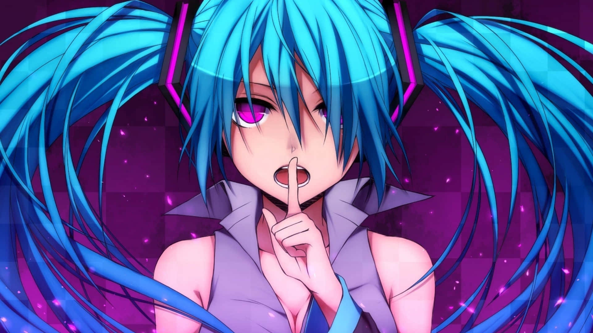初音未來 桌布 壁紙 — 擁有鮮豔藍色雙馬尾和紫色眼睛的動漫女孩，在閃爍的紫色背景前將手指放在嘴唇上。