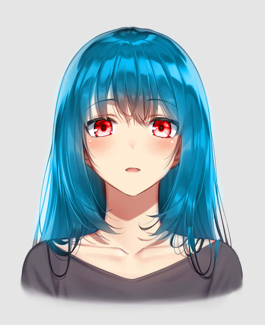 動漫男孩 桌布 壁紙 — 擁有鮮豔藍色頭髮和引人注目的紅色眼睛的動漫女孩，在純色背景上溫柔地凝視。