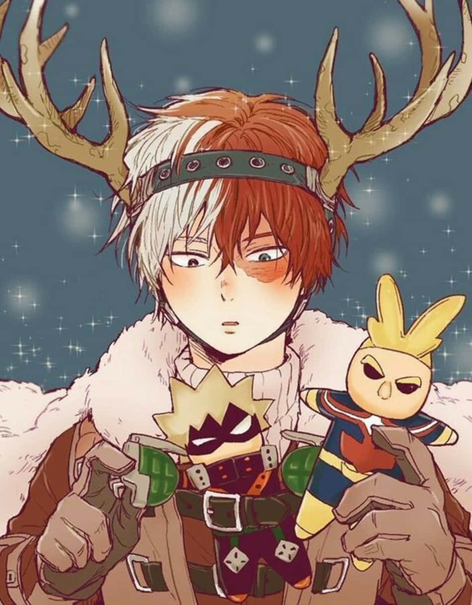 anime boys cute 桌布 壁紙 — 擁有鹿角和白色毛領的動漫角色，在星空下抱著兩個毛絨玩具。