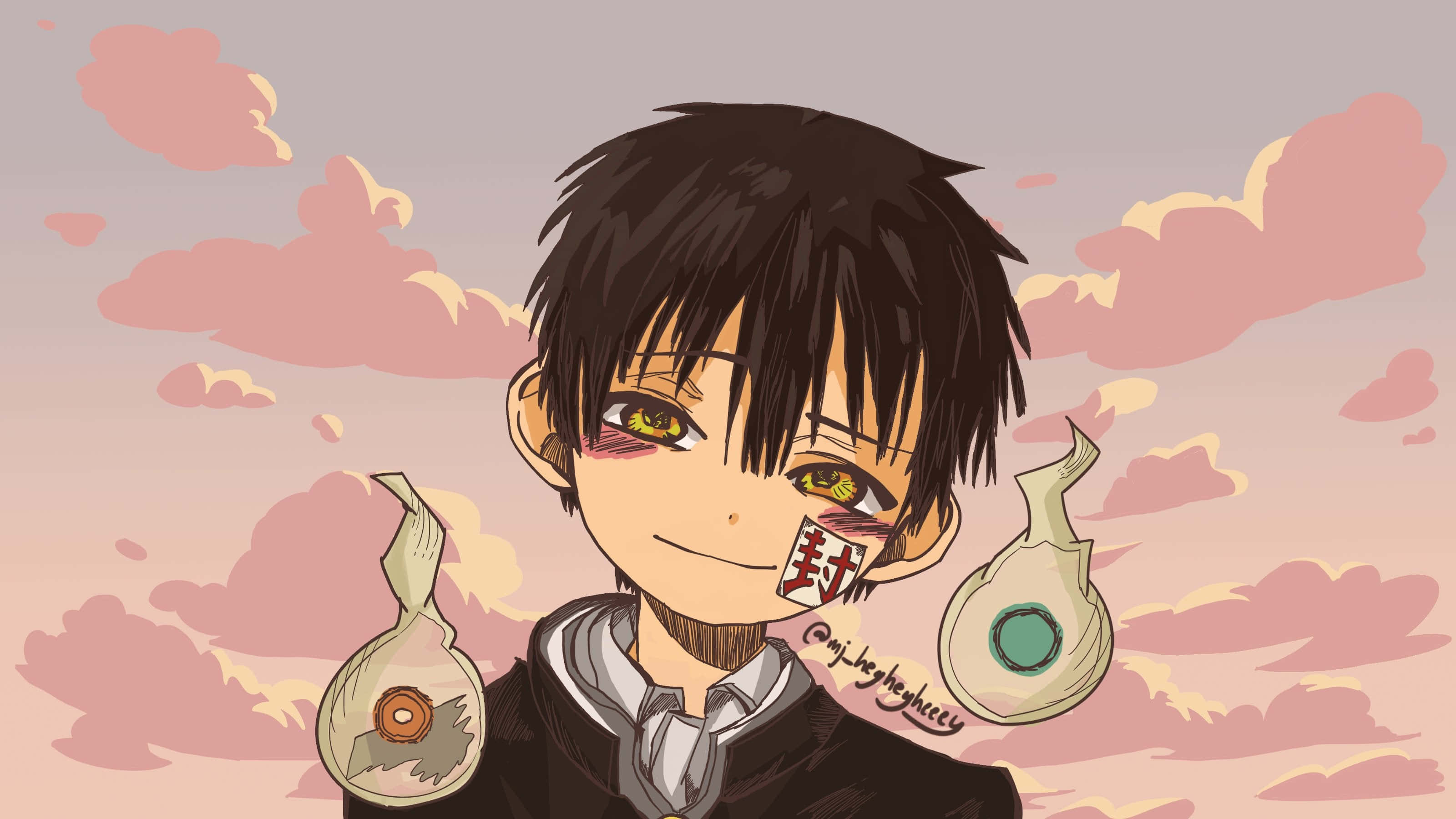 hanako 桌布 壁紙 — 擁有黃色眼睛和封印印記的動漫男孩，在柔和的粉紅色多雲天空下拿著神秘的封印物體。