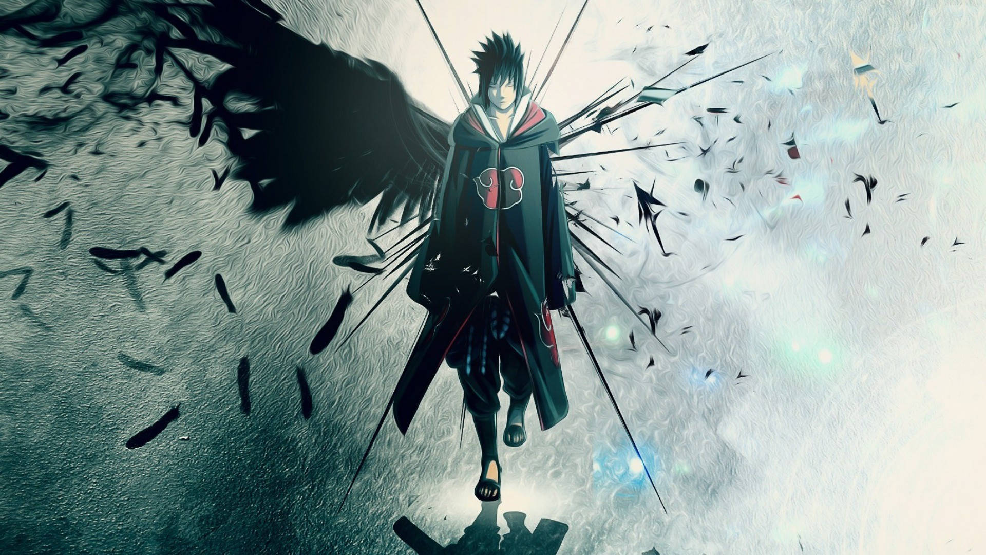 sasuke uchiha 桌布 壁紙 — 擁有黑色翅膀和紅色斗篷的動漫角色，在暴風雨般的灰色天空下，站在破碎的碎片之中。