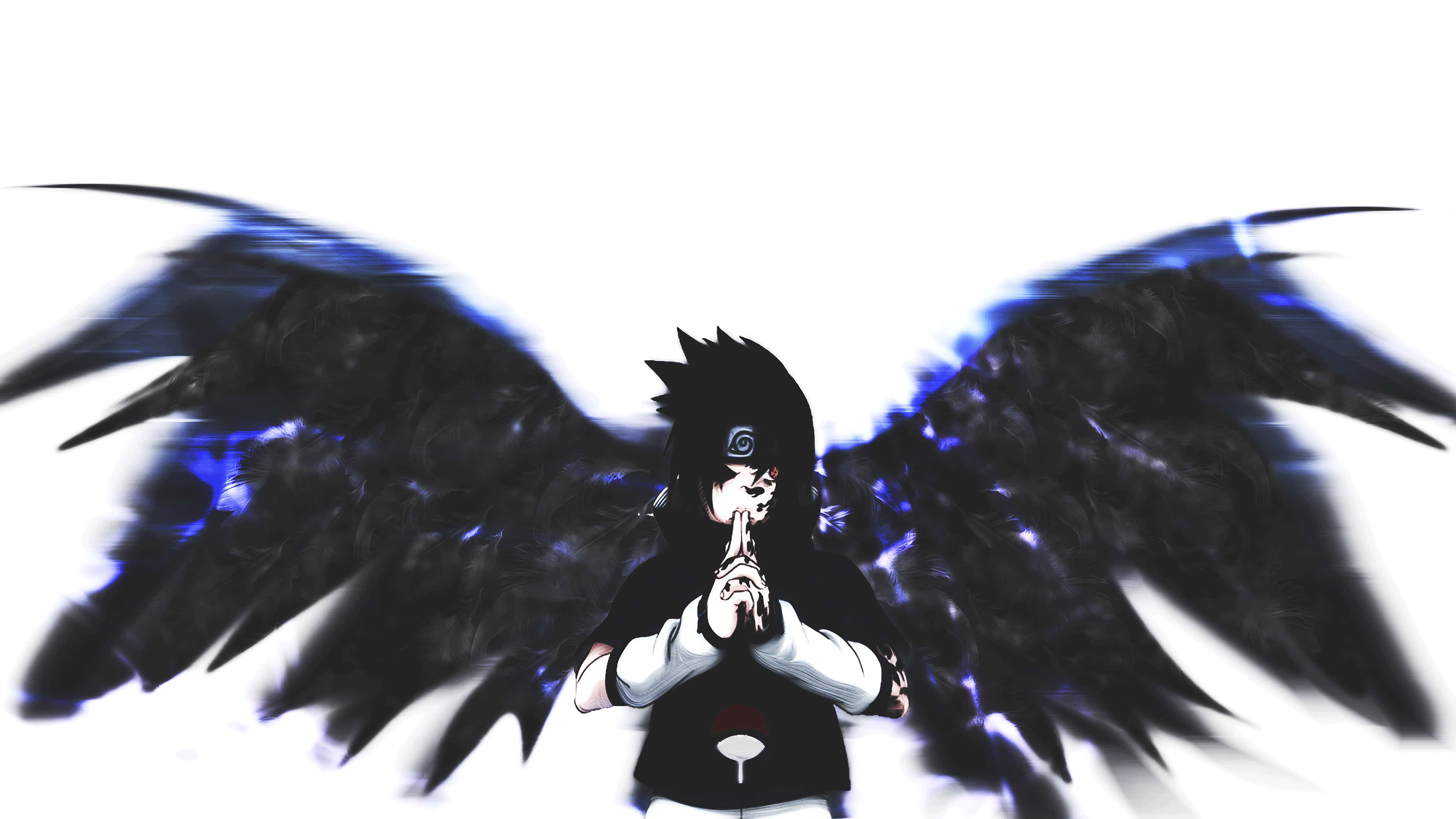 Sasuke Uchiha Cursed Mark 桌布 壁紙 — 擁有黑色翅膀發出藍光的動漫角色，在純白背景下擺出祈禱姿勢。