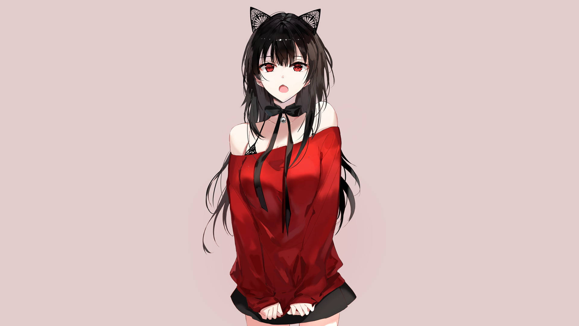 動漫女孩 桌布 壁紙 — 擁有黑色貓耳和紅色眼睛的動漫女孩，在柔和的粉紅色背景前穿著紅色露肩上衣。