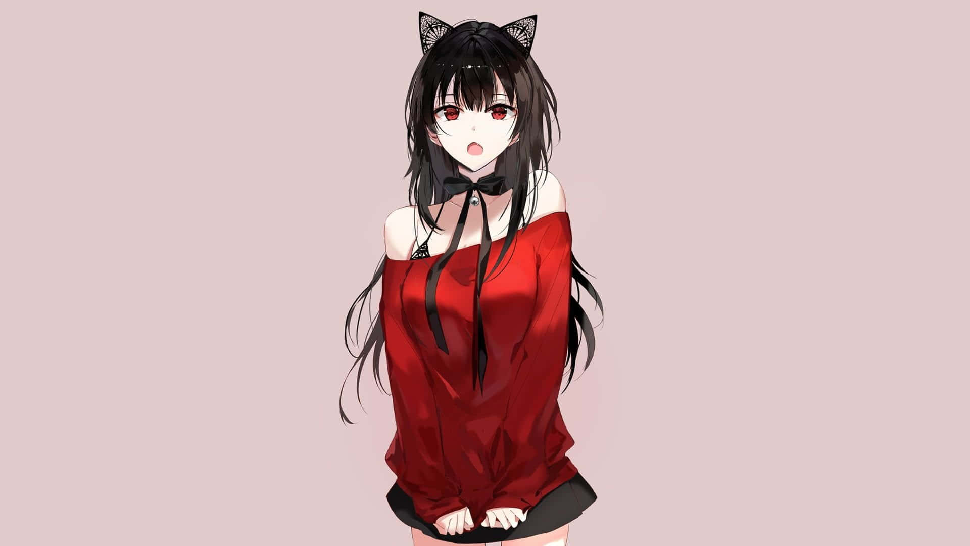 Anime Girl Black Hair 桌布 壁紙 — 擁有黑色貓耳和紅色眼睛的動漫女孩，在柔和的粉紅色背景前穿著紅色露肩上衣。