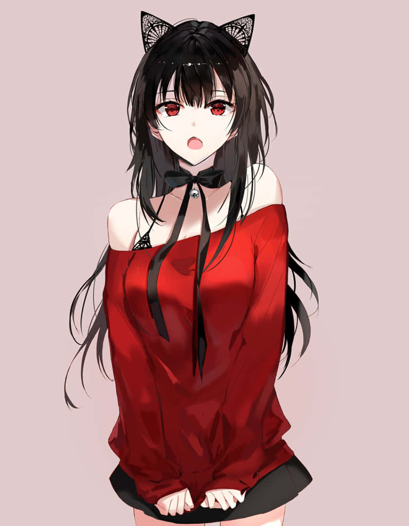 動漫女孩 桌布 壁紙 — 擁有黑色貓耳和紅色眼睛的動漫女孩，在柔和的粉紅色背景前穿著紅色露肩上衣。