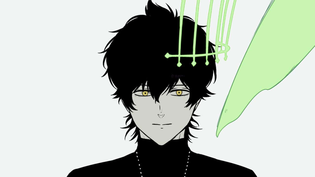 動漫 桌布 壁紙 — 擁有黑色頭髮和黃色眼睛的動漫角色，被發光的綠色抽象形狀包圍。