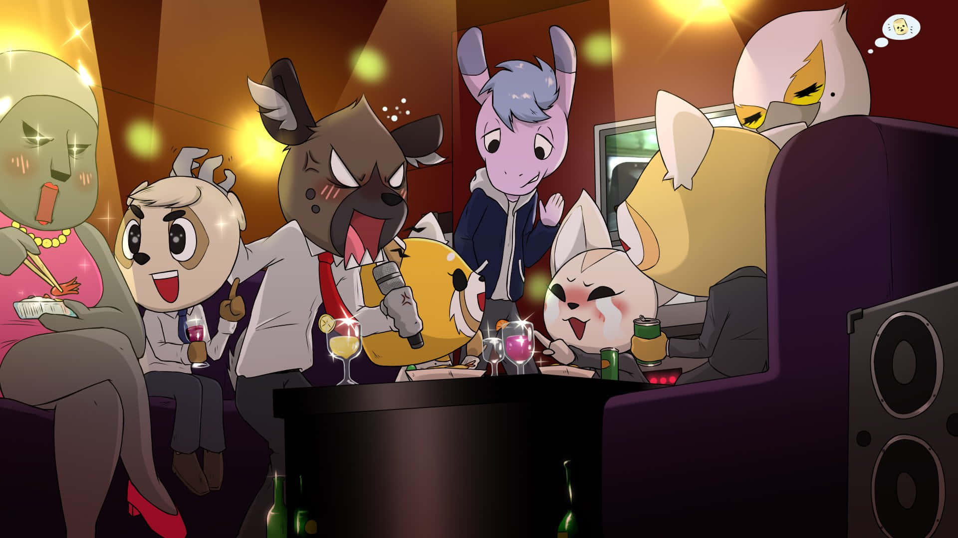 衝吧烈子 桌布 壁紙 — 擬人化動物朋友在燈光昏暗的俱樂部中聚會，享用發光飲料和充滿活力的霓虹燈。