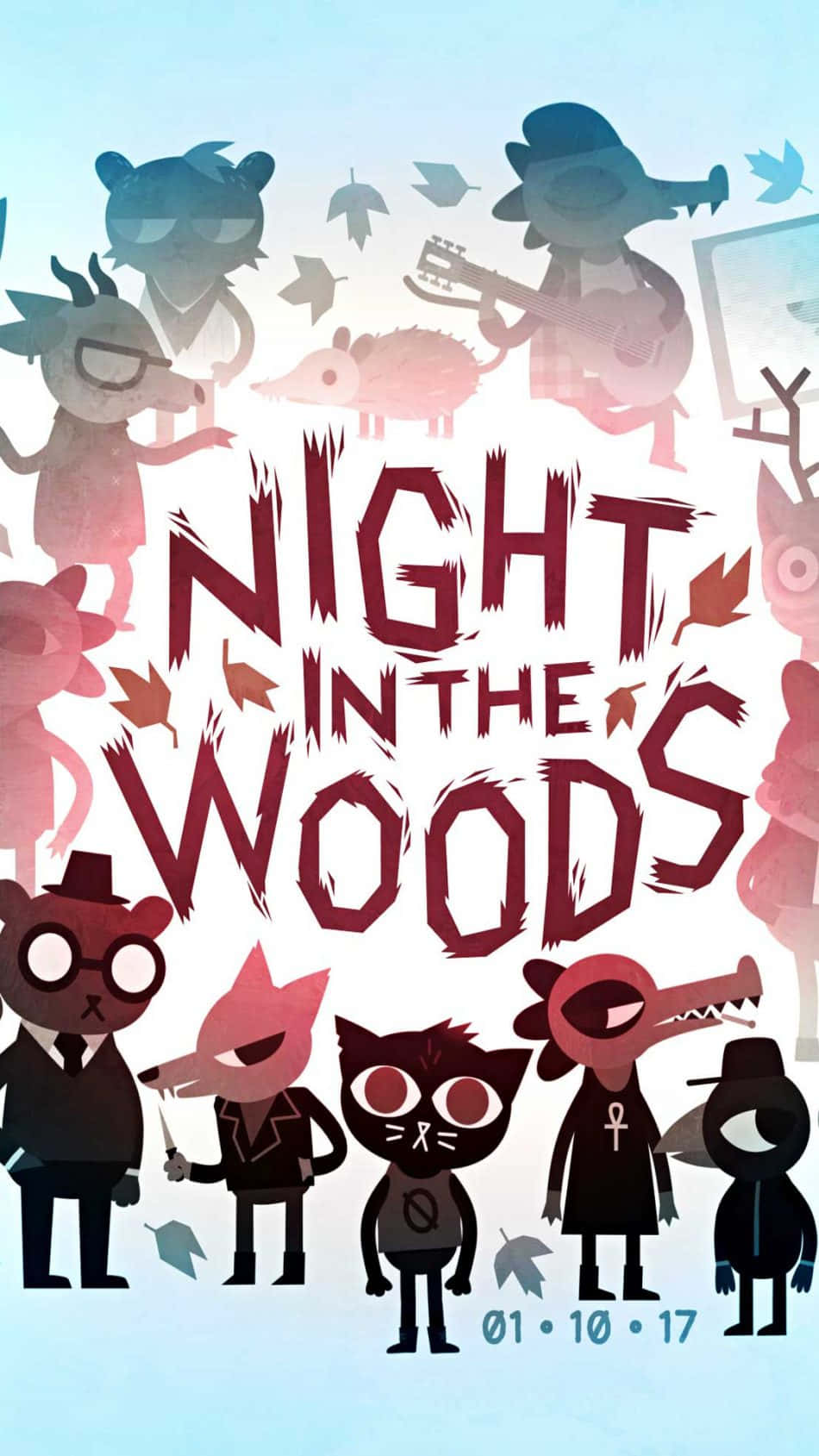 Night In The Woods 桌布 壁紙 — 擬人化動物角色以風格化藝術圍繞粗體紅色標題文字，背景是柔和漸變天空與飄落的樹葉。