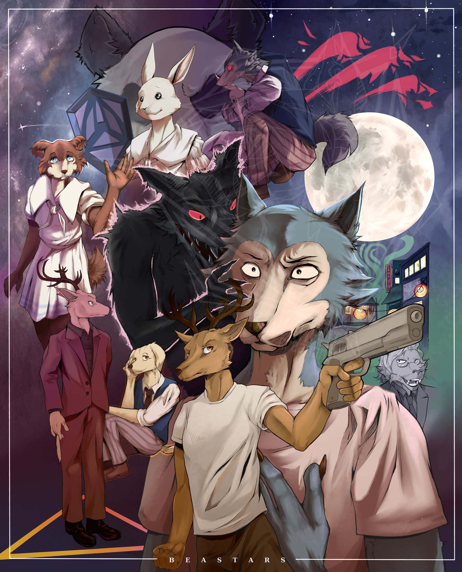 獸星 桌布 壁紙 — 擬人化動物角色在滿月下帶有宇宙元素的戲劇性夜景。