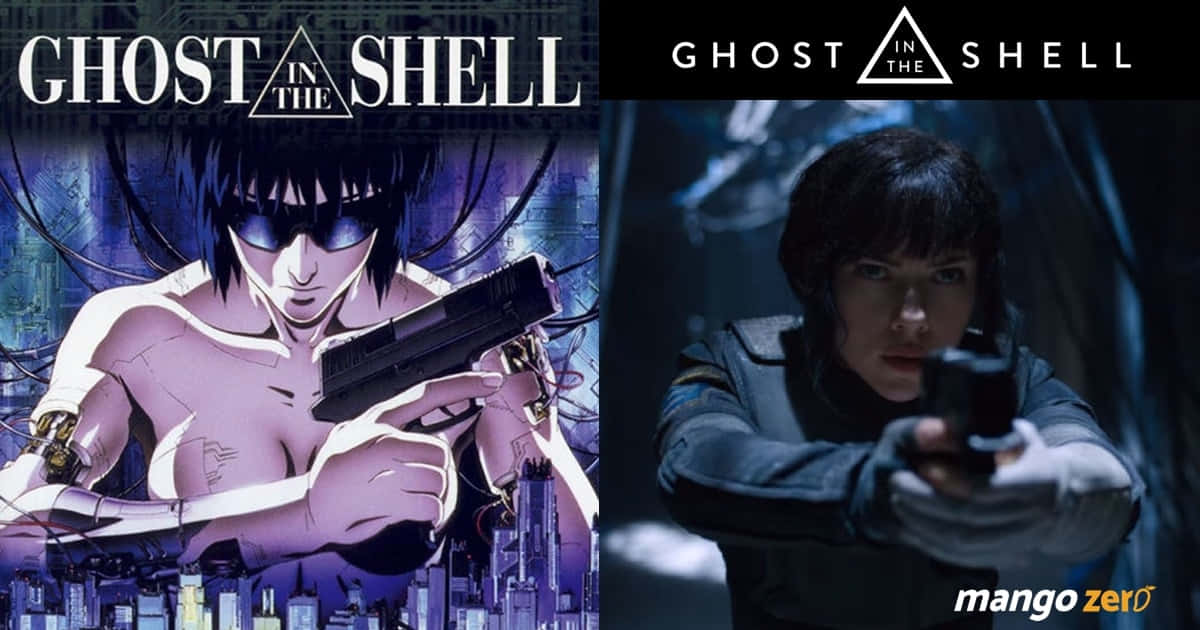 Ghost In The Shell 桌布 壁紙 — 《攻殼機動隊》動畫海報與真人電影場景的並排比較， featuring 一個 cyberpunk 刺客瞄準槍支。