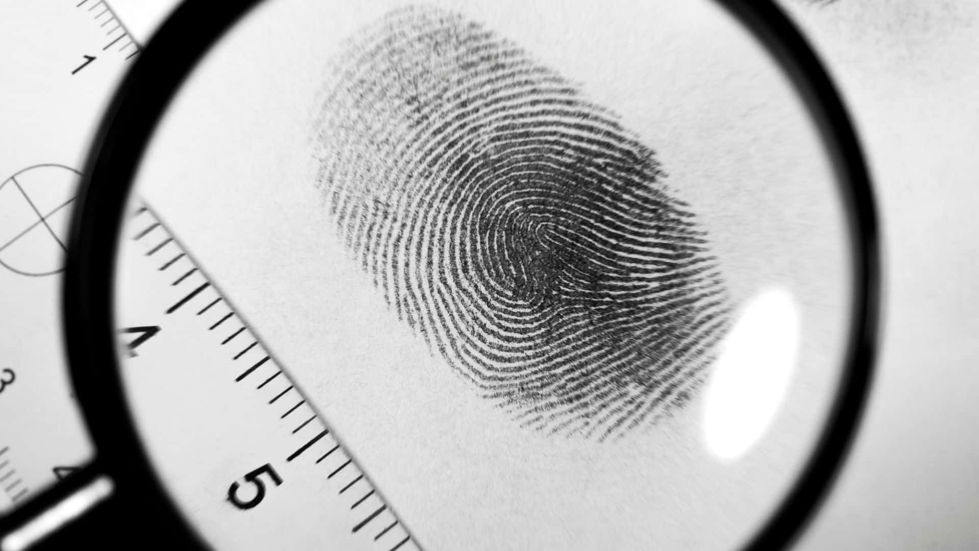 Fingerprint 桌布 壁紙 — 放大鏡清晰地聚焦在一個詳細的指紋上，指紋旁邊放著一把尺子和幾何圖表。