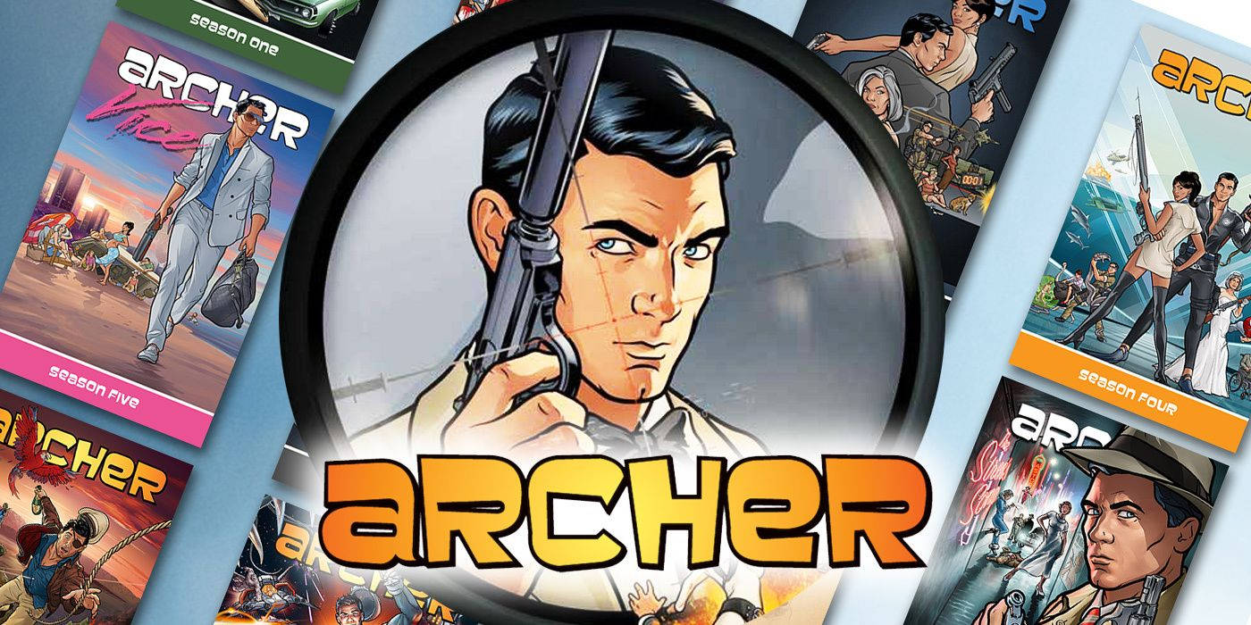 archer 桌布 壁紙 — 放大鏡突出一個卡通間諜手持步槍，周圍環繞著色彩繽紛的Archer電視劇季海報。
