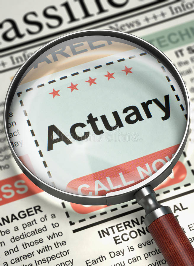 Work 桌布 壁紙 — 放大鏡突出報紙招聘廣告中的「Actuary」一詞，附有紅色星星和「CALL NOW」橫幅。