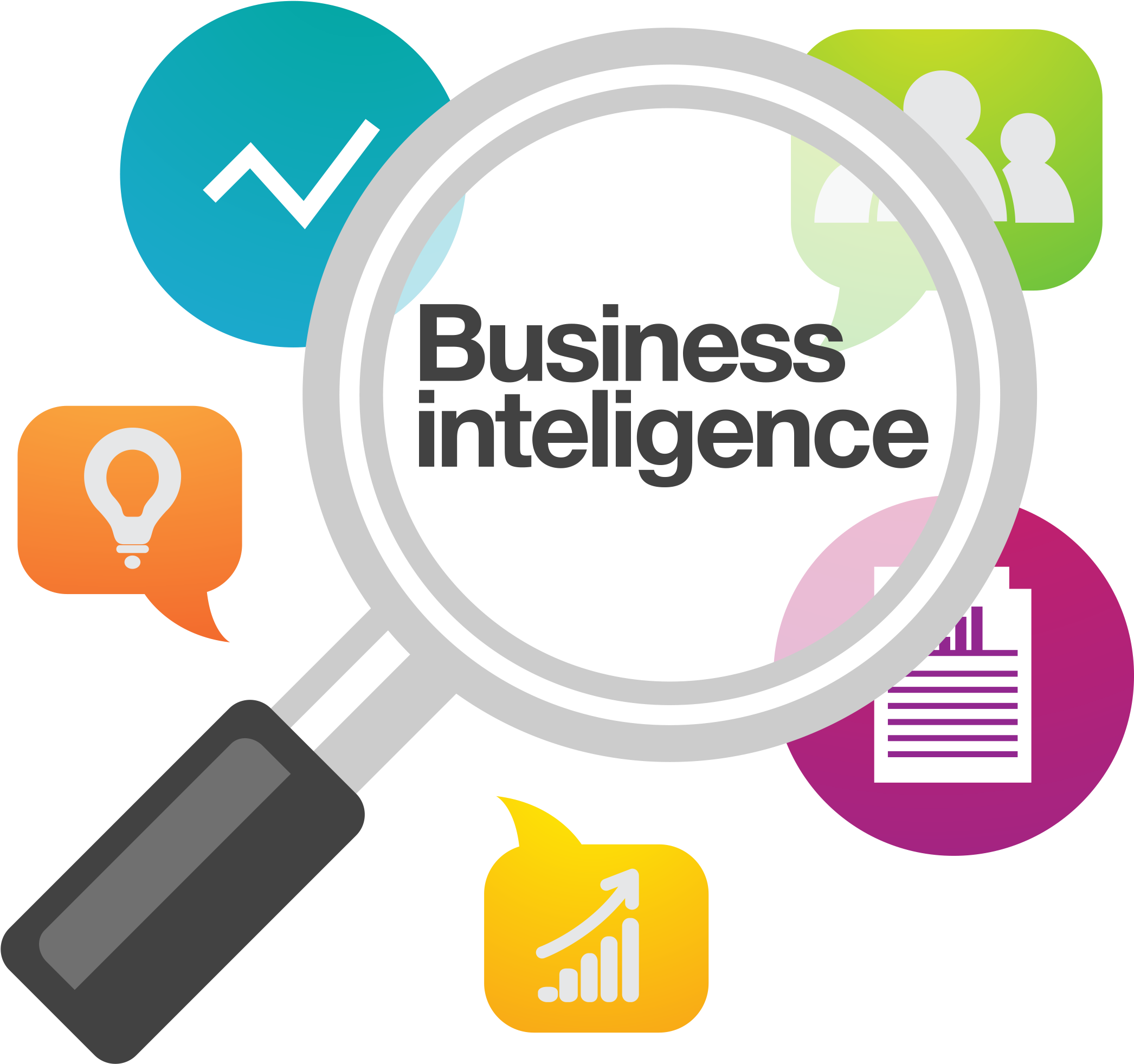 商業 桌布 壁紙 — 放大鏡突出顯示「Business intelligence」文字，周圍環繞著色彩繽紛的圖表、人物和想法圖標。