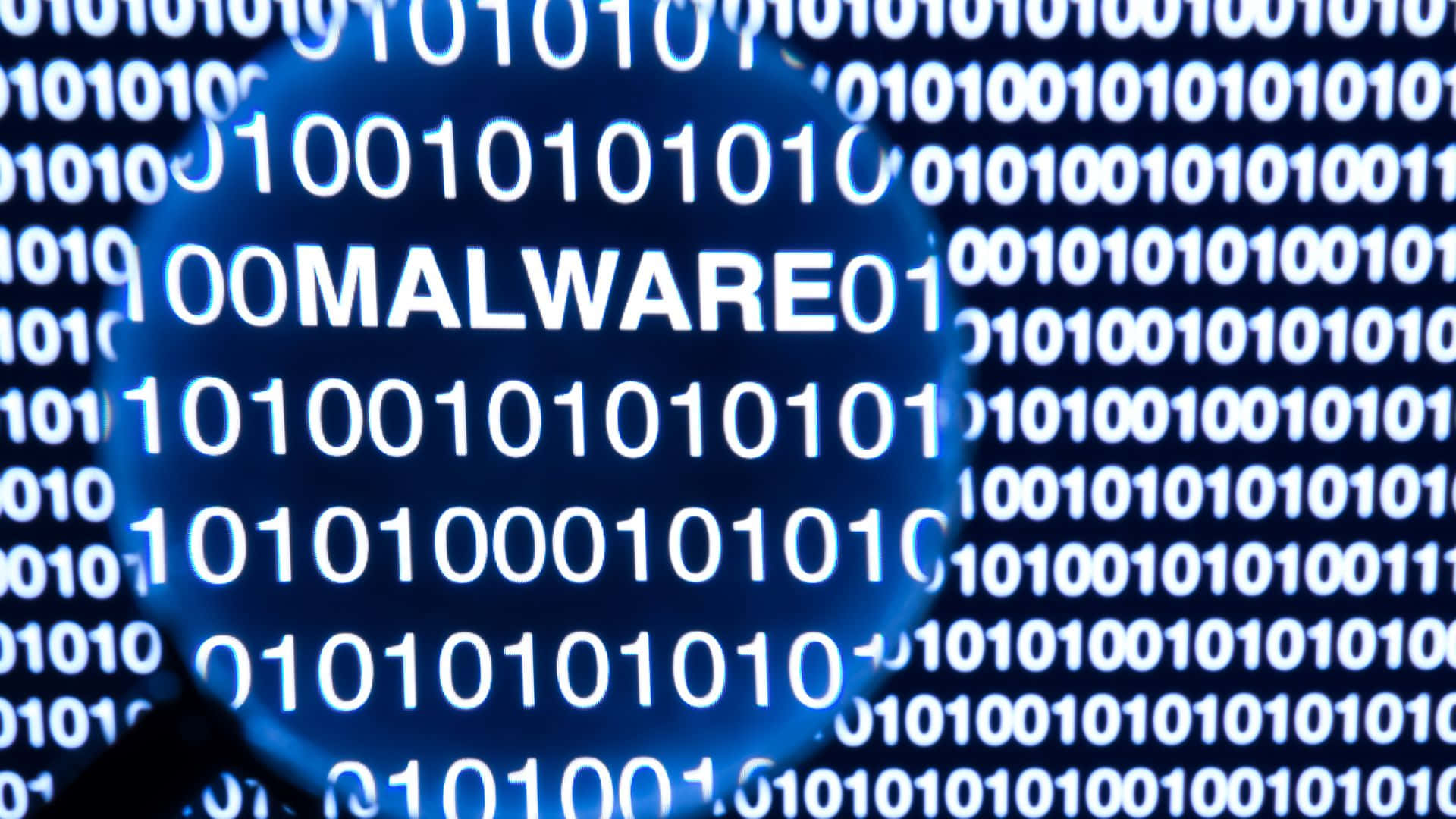Code 桌布 壁紙 — 放大鏡突出顯示單詞 MALWARE，背景為藍色滾動的二進制代碼。