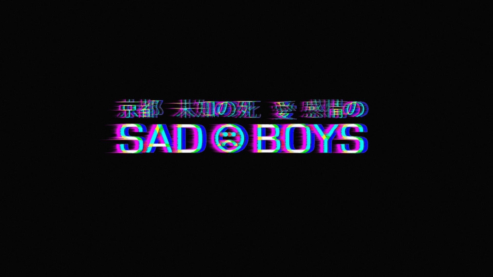 故障彩虹文字顯示「SAD BOYS」，上方有日文，在黑色背景上。 — Emo 美學 GIF 壁紙
