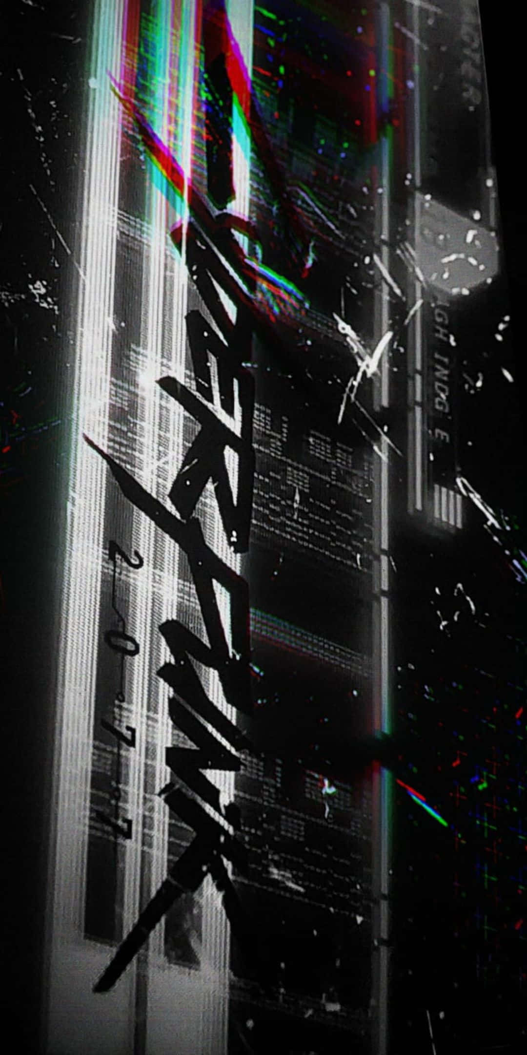 Pixel 3 Cyberpunk 2077 桌布 壁紙 — 故障藝術桌布，在深色背景上帶有粗體黑色文字和鮮豔的數位失真條紋。