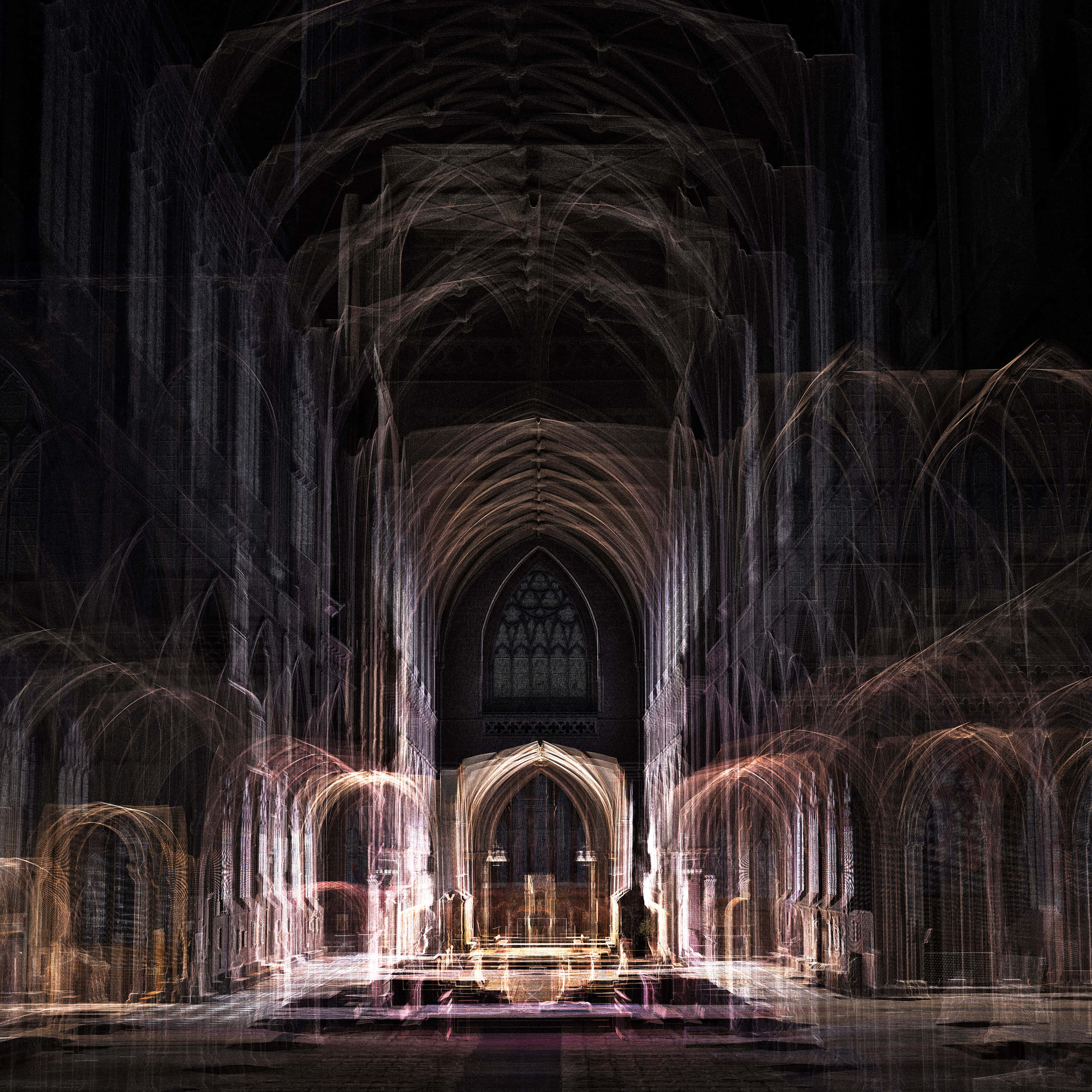 Architecture 桌布 壁紙 — 教堂內部長時間曝光，光線軌跡在哥德式拱頂下交織，營造出神秘而莊嚴的氛圍。