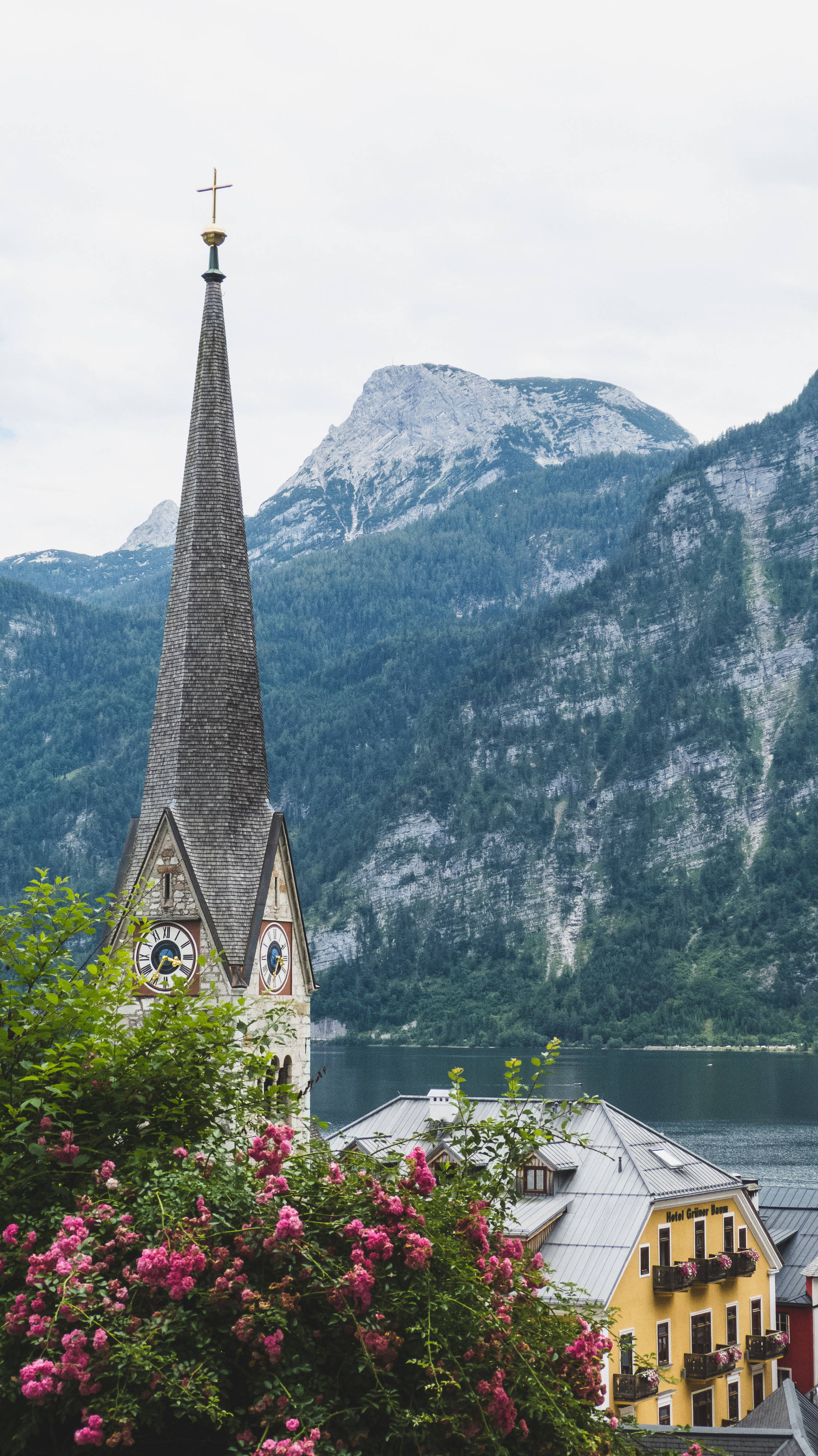 Austria 桌布 壁紙 — 教堂尖塔聳立在色彩繽紛的建築物和粉紅色花叢之上，背景是湖泊和森林覆蓋的山脈。