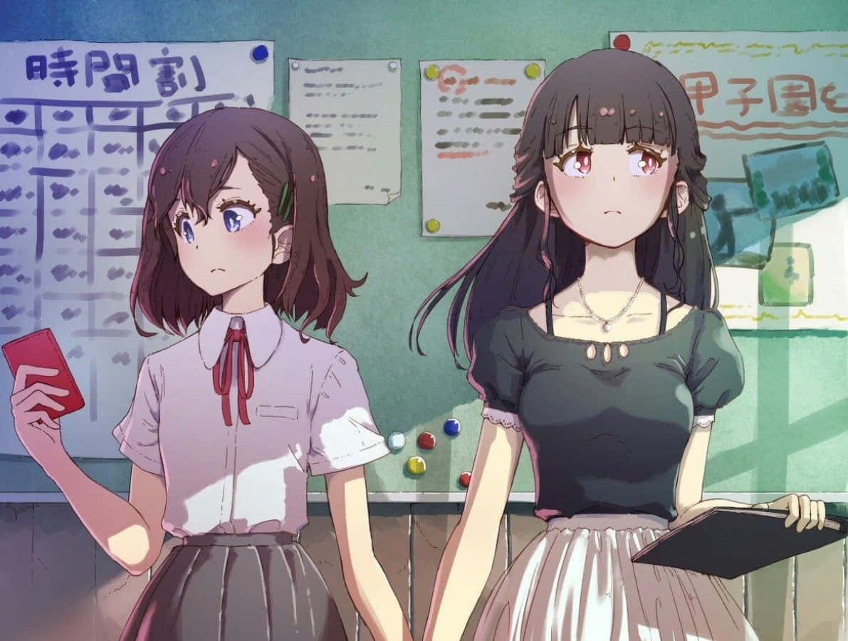 Anime Classroom 桌布 壁紙 — 教室裡有兩個動漫女孩，一個拿著紅卡，另一個拿著筆記本，身後綠色牆上貼著日本海報。